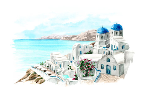 Santorini island, Mediterranean, Greece. View of Oia town and aegean sea. Hand-drawn watercolor illustration, isolated on white backgroundの写真素材