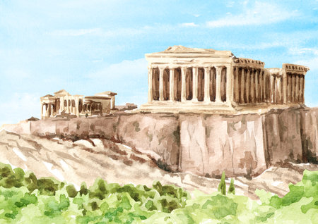 View of the Acropolis and Parthenon temple, Athens, Greece. Hand drawn watercolor illustration with copy spaceの写真素材