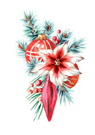 Christmas decor, branches of a blue spruce, poinsettia flower and a New Year's balls. Watercolor real hand drawn illustration, isolated on white backgroundの写真素材