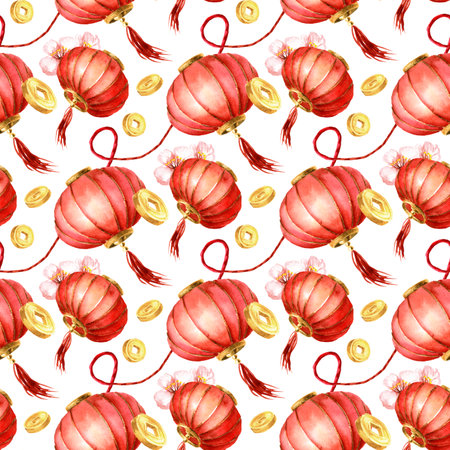 Red traditional Chinese lanterns seamless pattern. Watercolor hand painted illustration, isolated on white backgroundの写真素材