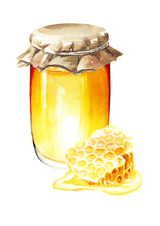 Glass jar with Sweet honey and fresh raw honeycomb. Watercolor hand drawn illustration, isolated on white backgroundの写真素材