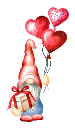 Valentine gnome with baloones hearts,. Watercolor hand painted illustration, isolated on white backgroundの写真素材