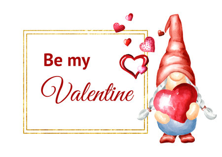Happy Valentine card with gnome and hearts. Hand drawn watercolor illustration isolated on the white backgroundの写真素材