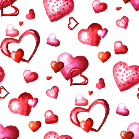 Red and Pink hearts seamless pattern. Watercolor hand painted illustration, isolated on white...