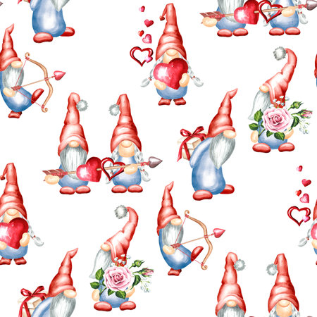 Happy Valentine gnomes Seamless Pattern. Hand drawn watercolor illustration isolated on the white backgroundの写真素材