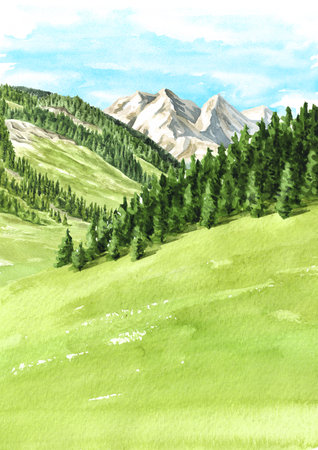 Idyllic Alpen landscape with meadow and wood. Hand drawn watercolor illustration wiht copy space, isolated on the white background vの写真素材