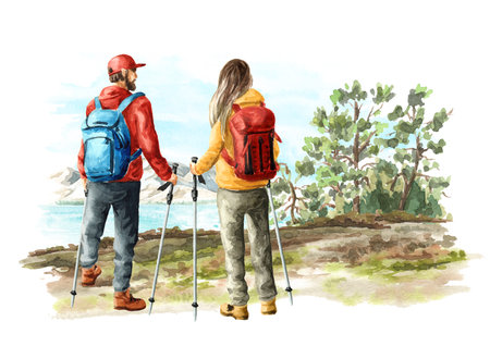 Tourists stand with their backs to the viewer, with trekking poles stand on a slope above the river and mountains. Hand drawn watercolor illustration, isolated on white backgroundの写真素材