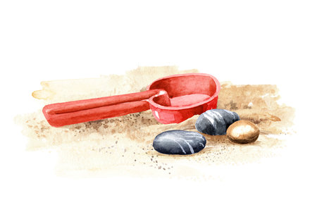 Children's beach toy on the sand. Hand drawn watercolor illustration, isolated on white backgroundの写真素材