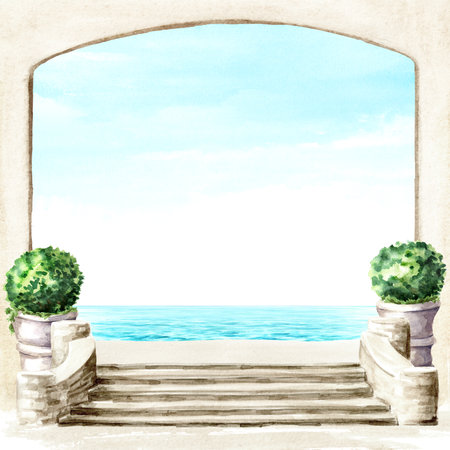 Stone staircase, steps leading to the sea, architectural frame. Hand drawn watercolor illustration with copy spaceの写真素材