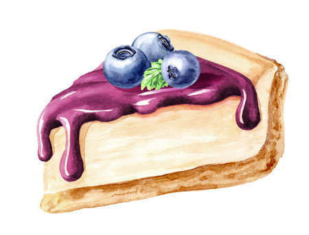 Sweet dessert, pie, blueberry cheesecake with fruit topping. Hand drawn watercolor illustration, isolated on white backgroundの写真素材