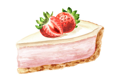 Sweet dessert, strawberry cheesecake. Hand drawn watercolor illustration isolated on white backgroundの写真素材