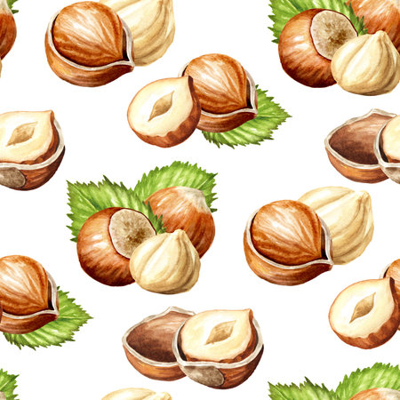 Hazelnut seamless pattern. Hand drawn watercolor illustration isolated on white backgroundの写真素材