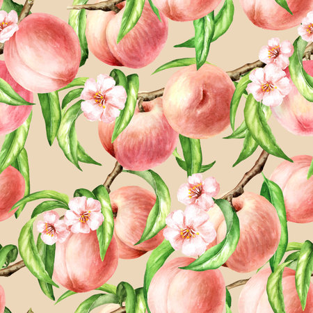 Fresh Peach fall seamless pattern. Hand drawn watercolor illustration isolated on white background