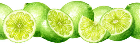 Fresh Lime fruit seamless border. Hand drawn watercolor illustration, isolated on white backgroundの写真素材