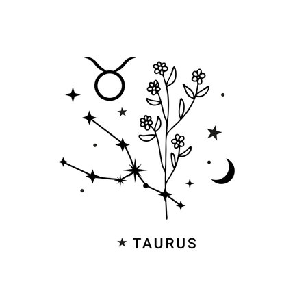 Zodiac sign Taurus. Cute hand drawn doodle vector illustration with flowers, moon and starsのイラスト素材