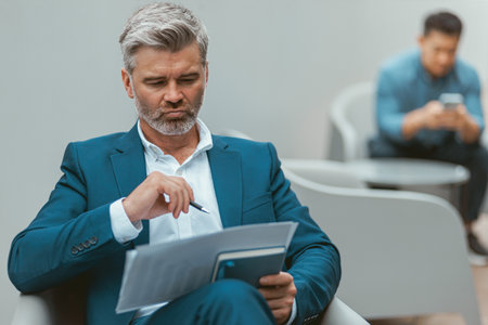 Busy Mature businessman working with documents while sitting in modern coworkingの写真素材
