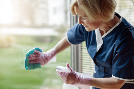 Senior chambermaid in gloves and uniform cleaning window with rag and cleanser sprayの写真素材