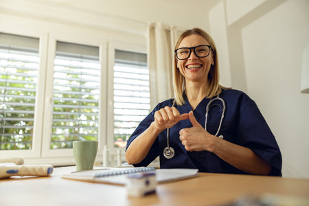 Portrait of confident positive female doctor therapist in medical uniform working with documentsの写真素材
