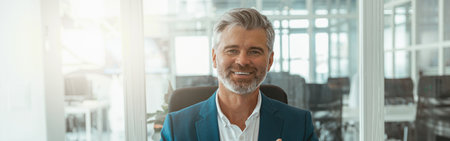 Smiling mature businessman showing raised fingers up while sitting in office