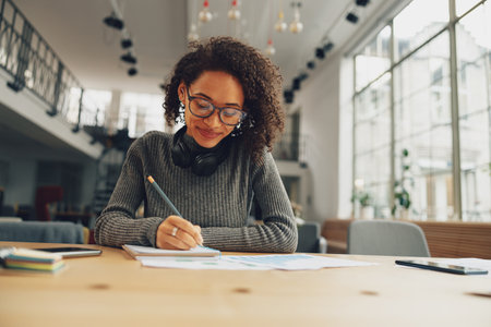 Attractive young female student studying and making notes in modern coworkingの写真素材