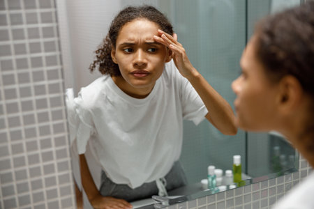 Upset young african woman finding pimple on her face while looking at mirror in bathroom homeの写真素材