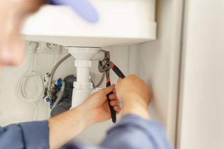 Close up of professional plumber repairing a siphon pipe with adjustable wrench on the kitchenの写真素材