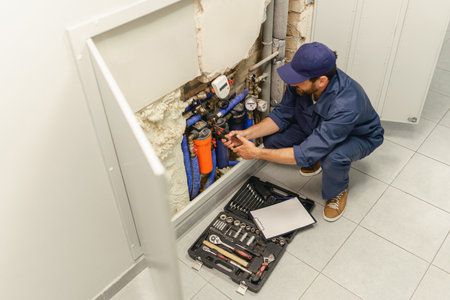 Handyman in uniform repairing water supply system at home uses an adjustable wrenchの写真素材