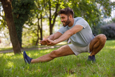 Smiling man in sportswear is doing warming up before running in the city parklandの写真素材