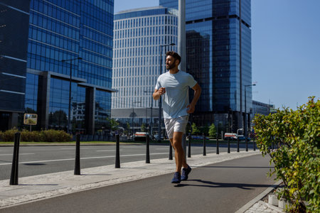 Sport male sprinter in sportswear exercising sprint on city street. Healthy lifestyle conceptの写真素材