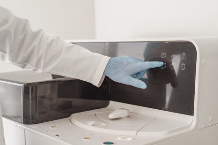 Close up of scientist in uniform working in medical research laboratory use special equipment