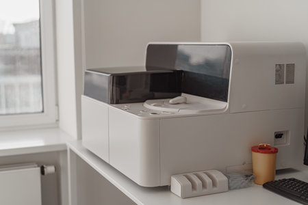 Microcentrifuge machine with test tubes standing in research laboratory is ready for worksの写真素材