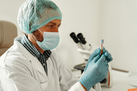 Male scientist holding test tube at laboratory. Medicine and research in chemistry
