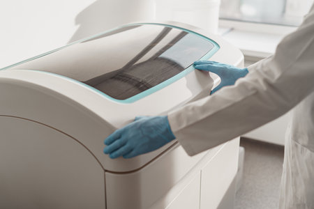 Close up of scientist in uniform working in medical research laboratory use special equipment