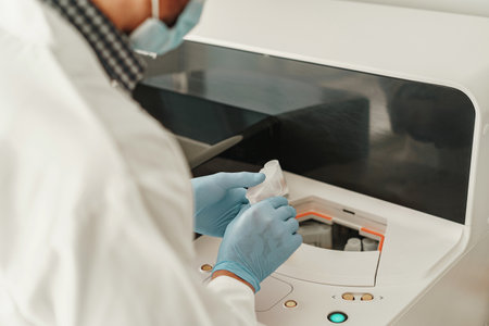 Close up of scientists hand in gloves putting a small plastic test tube in a microcentrifuge