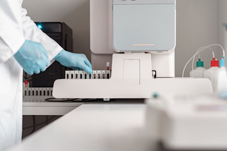 Close up of male scientist in uniform working in medical research laboratory use special equipment