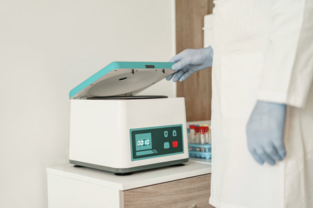Close up of scientist in uniform working in medical research laboratory use special equipment