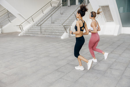 Two young women in sportswear are running on modern buildings background. Active lifestyle conceptの写真素材