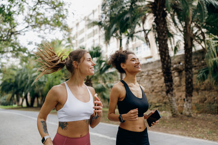 Two smiling women in sportswear are running on natural parkland background. Active lifestyle conceptの写真素材
