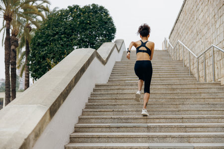 Back view of woman athlete in sportswear is jogging around city in early morning. Reaching the goal