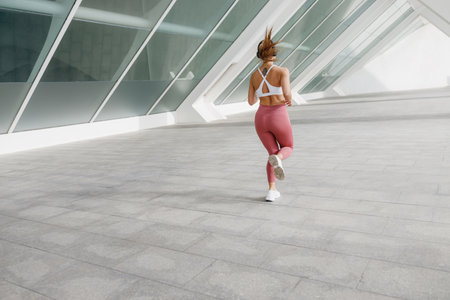 Back view of woman in sportswear is running on modern buildings background. Active lifestyle concept