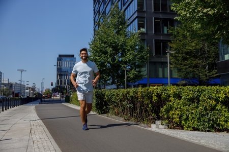 Male athlete runner training at city street on background of skyscrapers. Healthy lifestyle conceptの写真素材