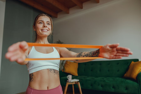 Young woman smiles while exercising with resistance band in living roomの写真素材
