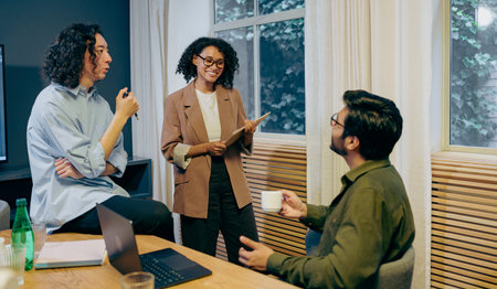 relaxed presentation over coffee, casual workplace brainstorming session with gestures and feedback