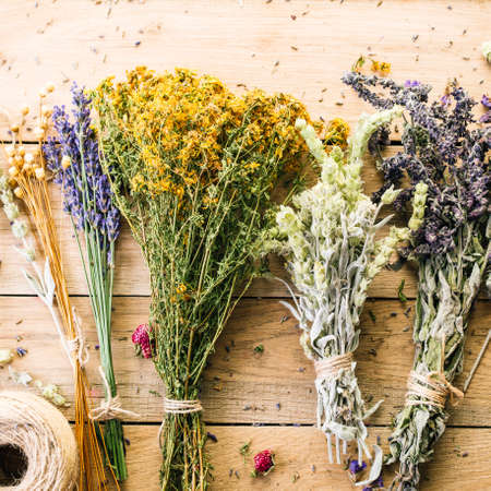Harvesting medicinal herbs, alternative medicine, Ayurveda, dried flowers for making teaの写真素材