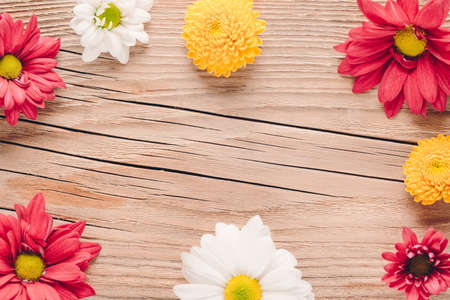 frame of spring flowers on a wooden background, copy spaceの写真素材