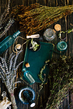 Preparation of medicinal herbs. Alternative medicine. Authentic plant backgroundの写真素材