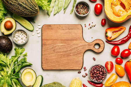 Food Frame. Fresh Vegetables and Cutting Board. Copy Placeの写真素材