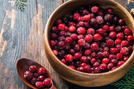 Cranberries in a plate on a wooden background. Copy spaceの写真素材
