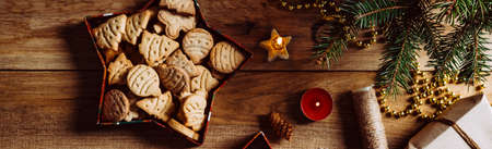 Christmas cookies on a wooden background. long banner