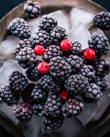 Frozen blackberries on a plate with ice. High quality photoの写真素材